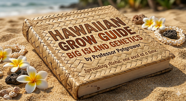 Woven lauhala hardback book titled Hawaiian Grow Guide by Professor Potgrower sitting on a tropical beach with plumeria flowers and white sand.