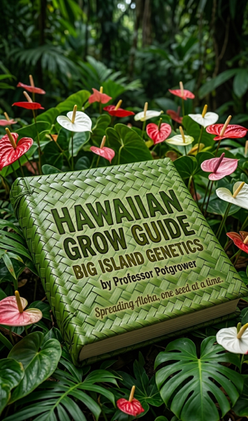 Vertical book cover of Big Island Genetics Hawaiian Grow Guide made of green woven coconut leaves, surrounded by red anthuriums and lush jungle foliage.