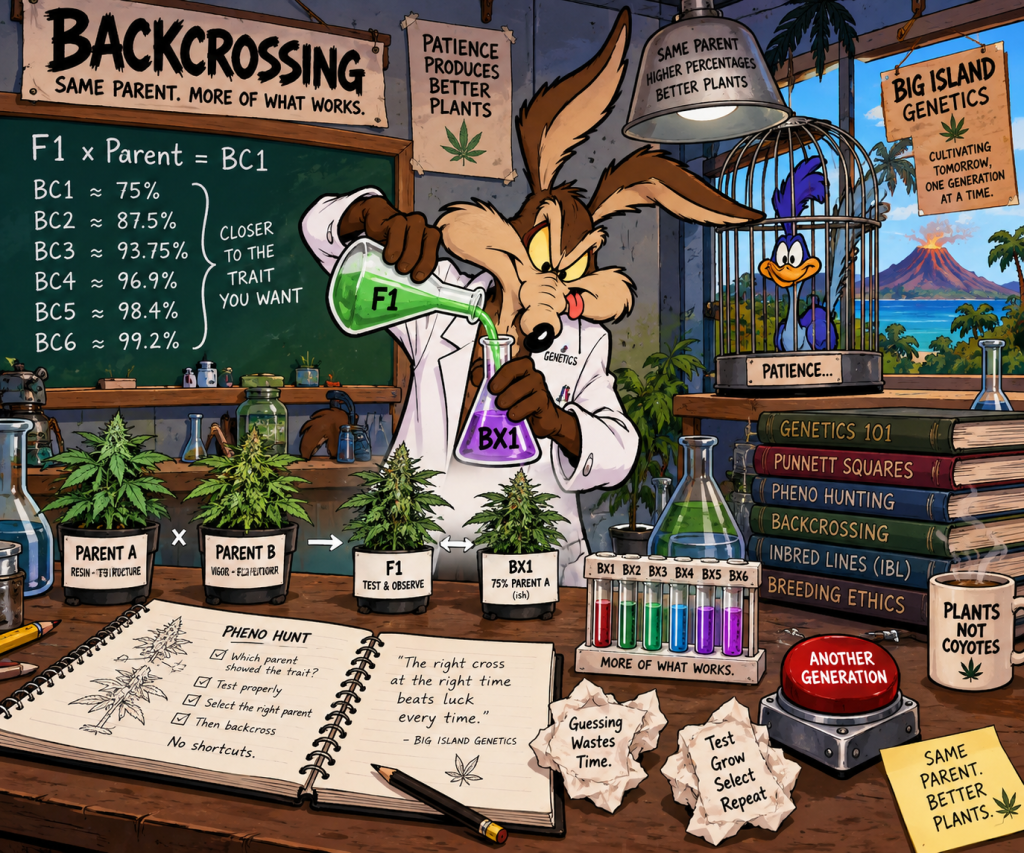 Illustrated “Backcrossing” poster showing a cartoon breeder at a lab bench beside a Punnett square for F1 x Parent = BC1, with chalkboard notes on Punnett squares, pheno hunting, backcrossing, inbred lines and breeding ethics.