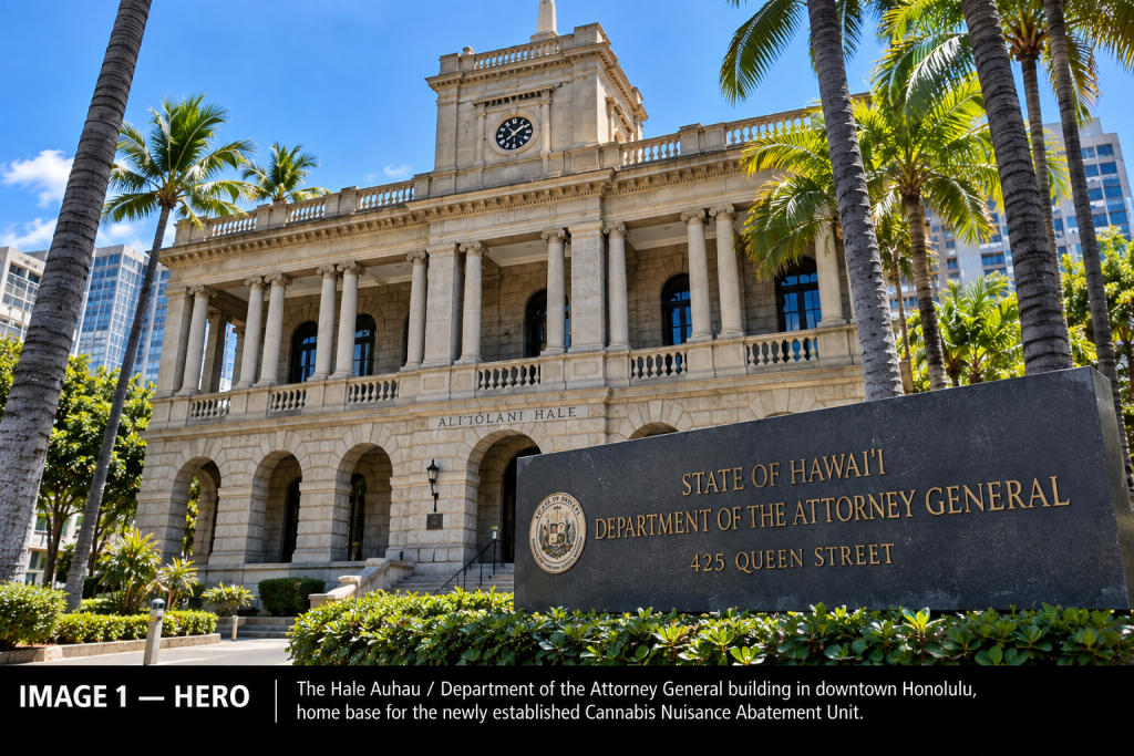 The Hale Auhau / Department of the Attorney General building at 425 Queen Street in downtown Honolulu, seen under palm trees — home base of the newly established Cannabis Nuisance Abatement Unit.