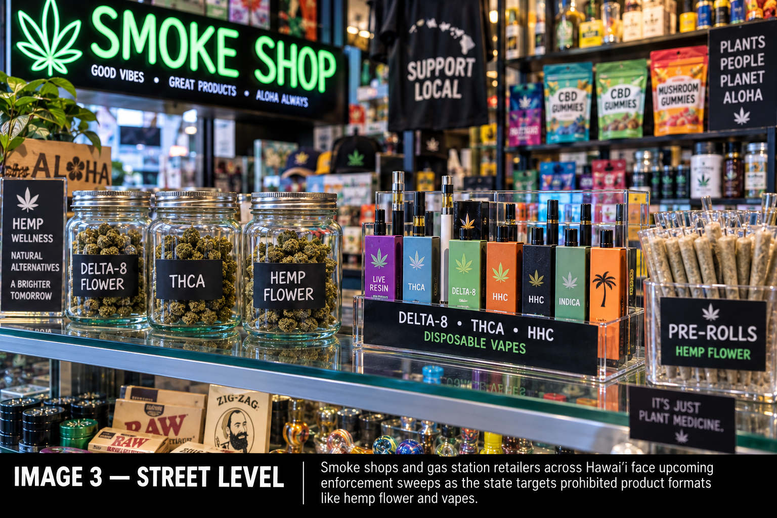 Interior of a Hawaiʻi smoke shop, with shelves of Delta-8, THCA, HHC and hemp flower products, pre-roll displays and a “Support Local” sign.