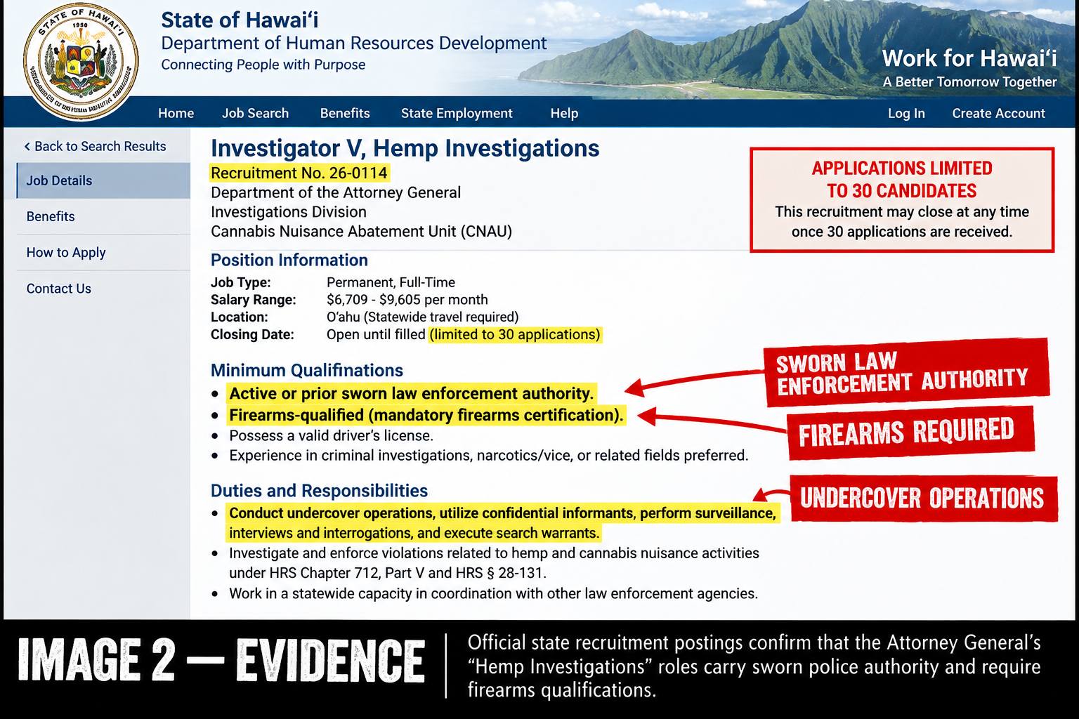 Screenshot of the State of Hawaiʻi “Work for Hawaiʻi” recruitment listing for Investigator V, Hemp Investigations (Recruitment No. 26-0114), with the sworn law enforcement authority and firearms requirements highlighted.