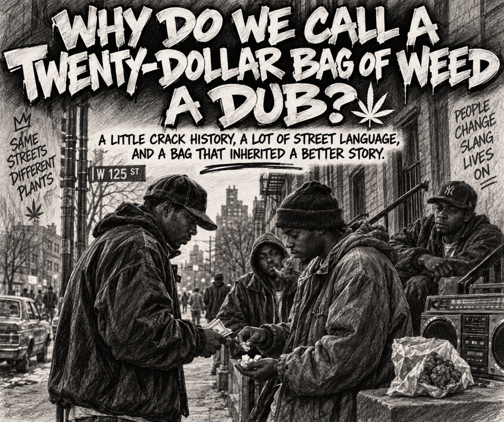 Hand-drawn poster for “Why Do We Call a Twenty-Dollar Bag of Weed a Dub?”, showing two men exchanging a small bag on a city street, captioned “Same streets, different plants” and “People change, slang lives on.”