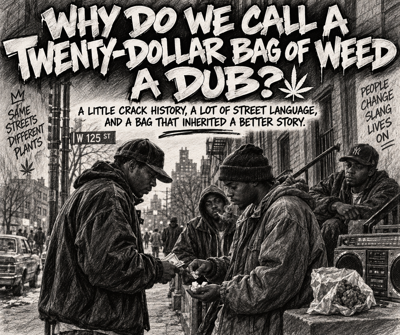 Hand-drawn poster for “Why Do We Call a Twenty-Dollar Bag of Weed a Dub?”, showing two men exchanging a small bag on a city street, captioned “Same streets, different plants” and “People change, slang lives on.”
